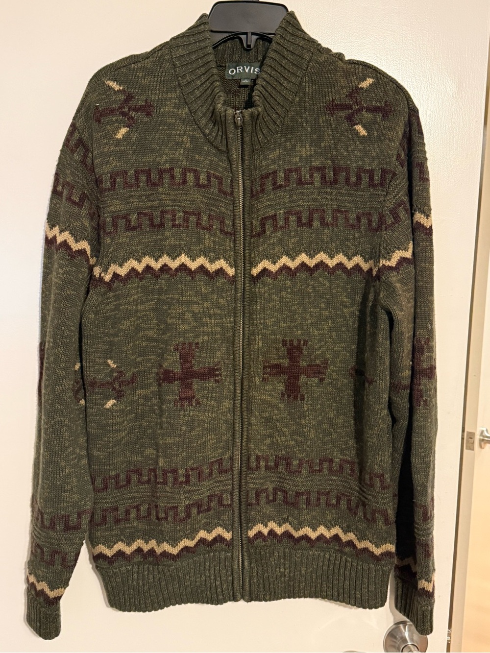 Orvis Men's Olive Green Zip-Up Sweater with Burgundy and Cream Accents